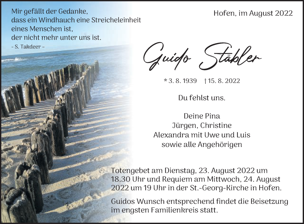  Traueranzeige für Guido Stäbler vom 20.08.2022 aus Schwäbische Post