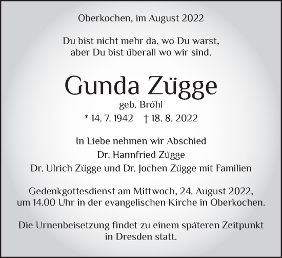 Traueranzeige von Gunda Zügge von Schwäbische Post
