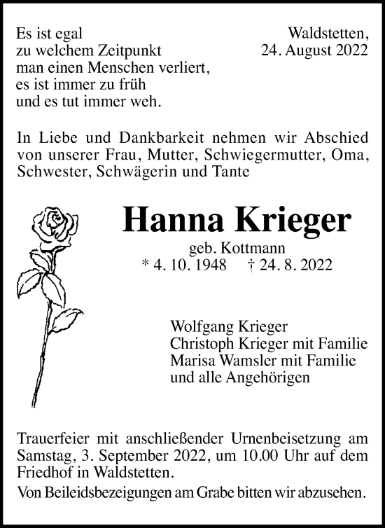 Traueranzeige von Hanna Krieger von Gmünder Tagespost