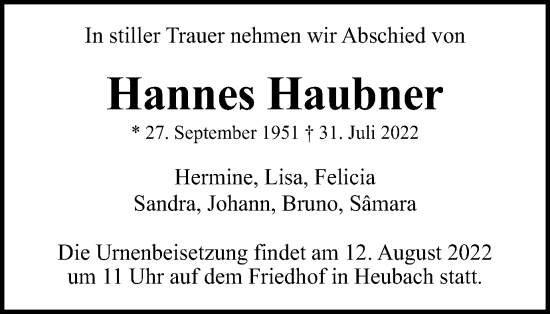 Traueranzeige von Hannes Haubner von Gmünder Tagespost