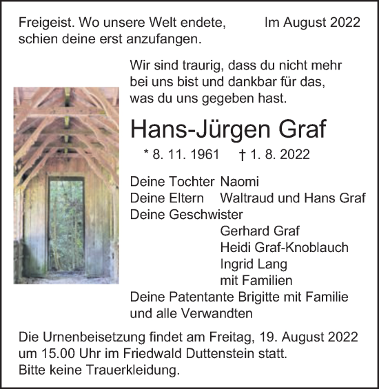 Traueranzeige von Hans-Jürgen Graf von Schwäbische Post
