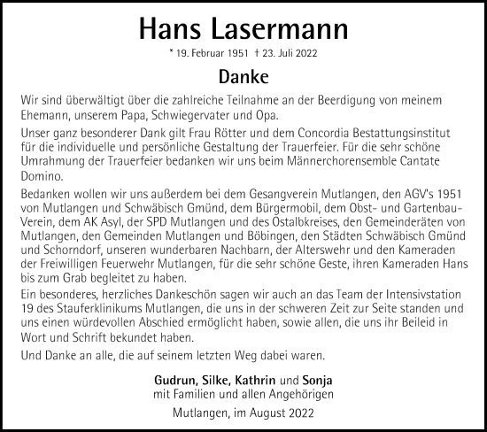 Traueranzeige von Hans Lasermann von Gmünder Tagespost