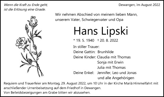 Traueranzeige von Hans Lipski von Schwäbische Post