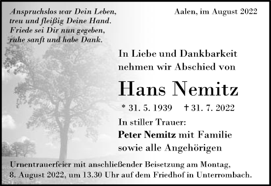 Traueranzeige von Hans Nemitz von Schwäbische Post