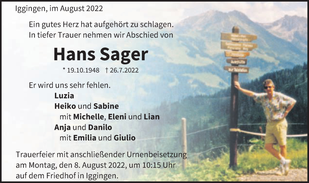  Traueranzeige für Hans Sager vom 05.08.2022 aus Gmünder Tagespost