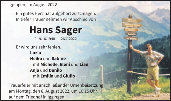 Traueranzeige von Hans Sager von Gmünder Tagespost