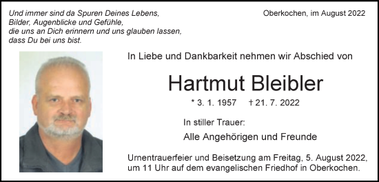 Traueranzeige von Hartmut Bleiber von Schwäbische Post
