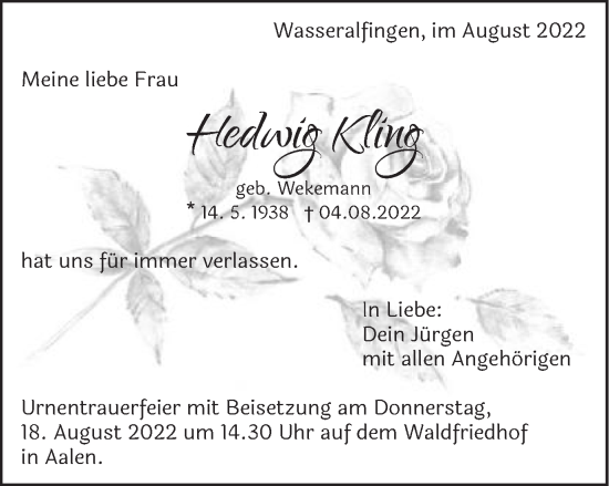 Traueranzeige von Hedwig Kling von Schwäbische Post