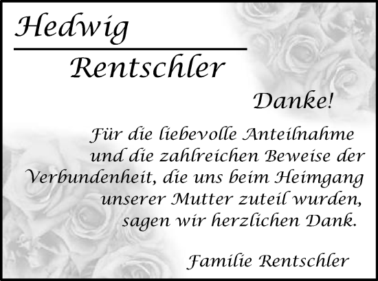 Traueranzeige von Hedwig Rentschler von Schwäbische Post