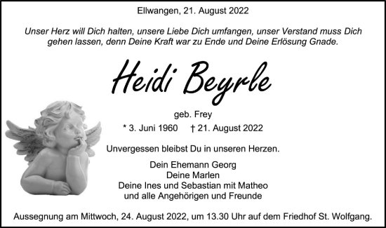Traueranzeige von Heidi Beyrle von Schwäbische Post