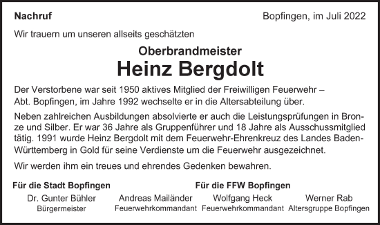 Traueranzeige von Heinz Bergdolt von Bopfinger Stadtanzeiger