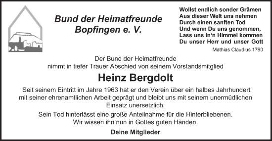 Traueranzeige von Heinz Bergdolt von Bopfinger Stadtanzeiger