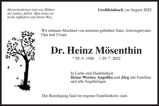 Traueranzeige von Heinz Mösenthin