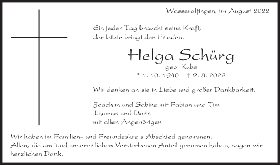 Traueranzeige von Helga Schürg von Schwäbische Post