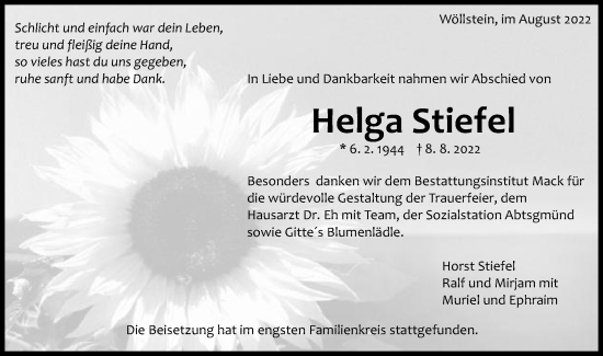 Traueranzeige von Helga Stiefel von Schwäbische Post