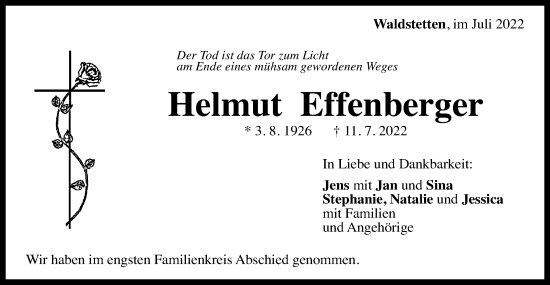Traueranzeige von Helmut Effenberger von Gmünder Tagespost