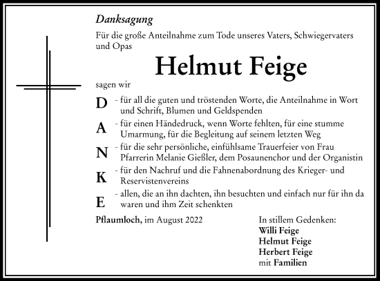 Traueranzeige von Helmut Feige von Schwäbische Post
