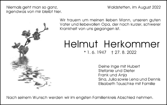 Traueranzeige von Helmut Herkommer von Gmünder Tagespost