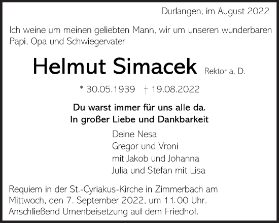 Traueranzeige von Helmut Simacek von Gmünder Tagespost