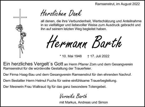 Traueranzeige von Hermann Barth von Schwäbische Post
