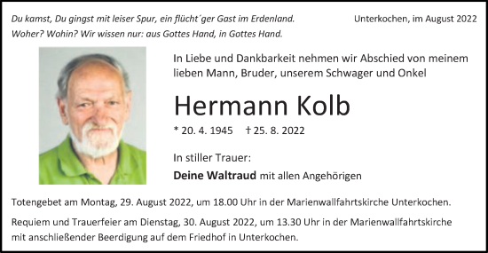 Traueranzeige von Hermann Kolb von Schwäbische Post