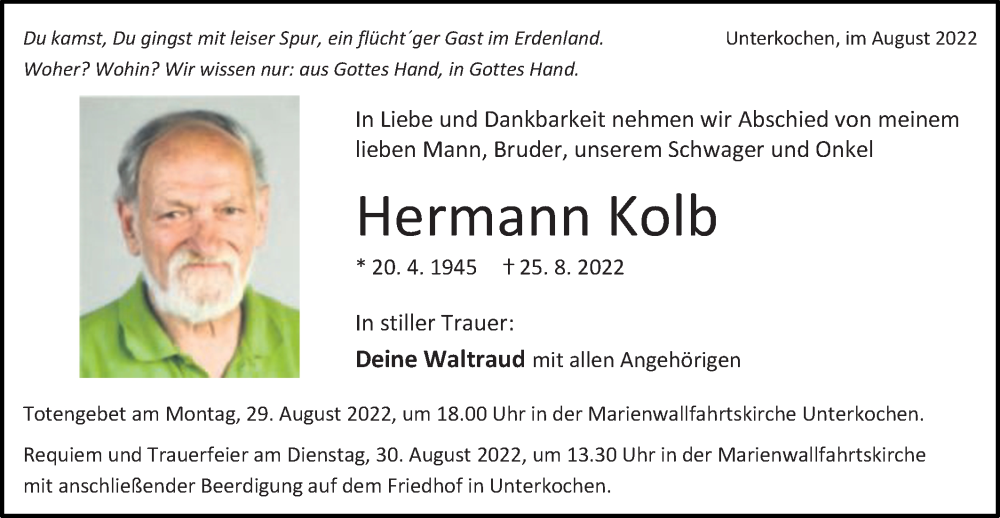  Traueranzeige für Hermann Kolb vom 27.08.2022 aus Schwäbische Post