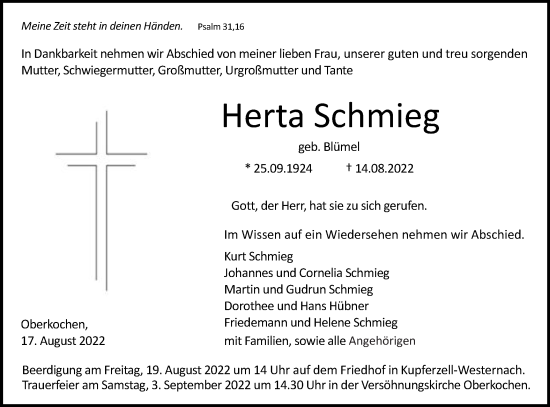 Traueranzeige von Herta Schmieg von Schwäbische Post