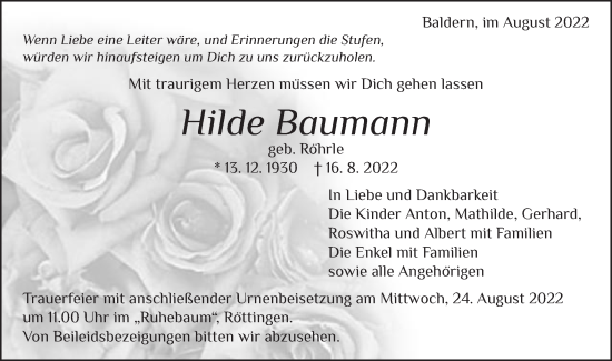Traueranzeige von Hilde Baumann von Schwäbische Post