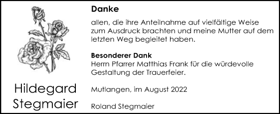 Traueranzeige von Hildegard Stegmaier von Gmünder Tagespost