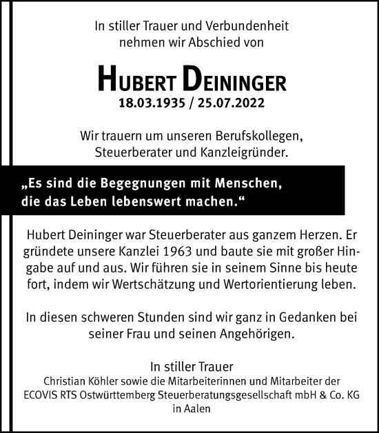 Traueranzeige von Hubert Deininger von Schwäbische Post