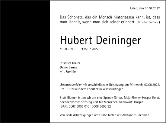 Traueranzeige von Hubert Deininger von Schwäbische Post