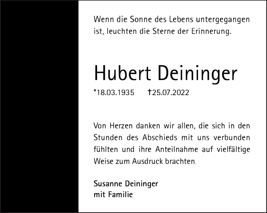 Traueranzeige von Hubert Deininger von Schwäbische Post