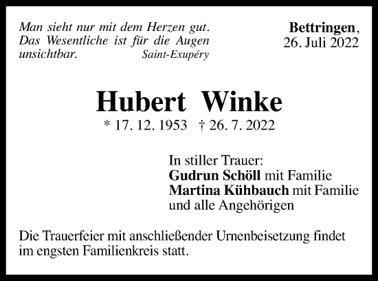 Traueranzeige von Hubert Winke von Gmünder Tagespost