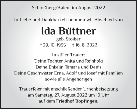 Traueranzeige von Ida Büttner von Schwäbische Post