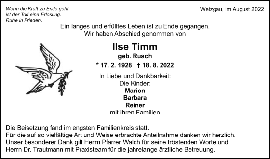 Traueranzeige von Ilse Timm von Gmünder Tagespost