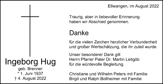 Traueranzeige von Ingeborg Hug von Schwäbische Post