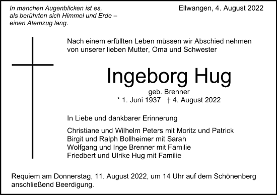 Traueranzeige von Ingeborg Hug von Schwäbische Post