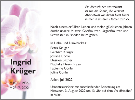 Traueranzeige von Ingrid Krüger von Schwäbische Post