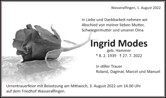 Traueranzeige von Ingrid Modes von Schwäbische Post