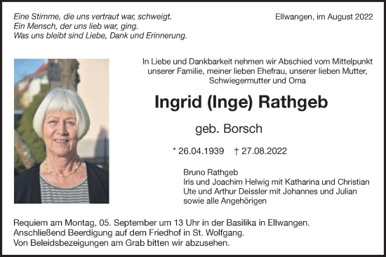 Traueranzeige von Ingrid Rathgeb von Schwäbische Post