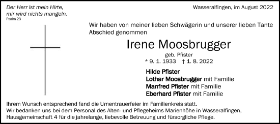 Traueranzeige von Irene Moosbrugger von Schwäbische Post