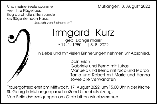 Traueranzeige von Irmgard Kurz von Gmünder Tagespost