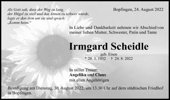 Traueranzeige von Irmgard Scheidle von Schwäbische Post