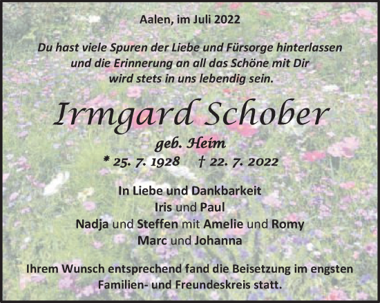 Traueranzeige von Irmgard Schober von Schwäbische Post