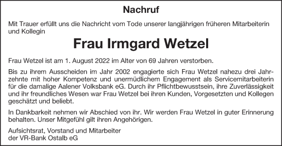 Traueranzeige von Irmgard Wetzel von Schwäbische Post