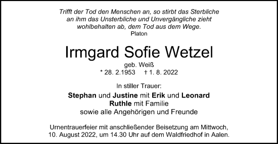 Traueranzeige von Irmgard Sofie Wetzel von Schwäbische Post