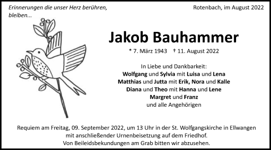 Traueranzeige von Jakob Bauhammer von Schwäbische Post