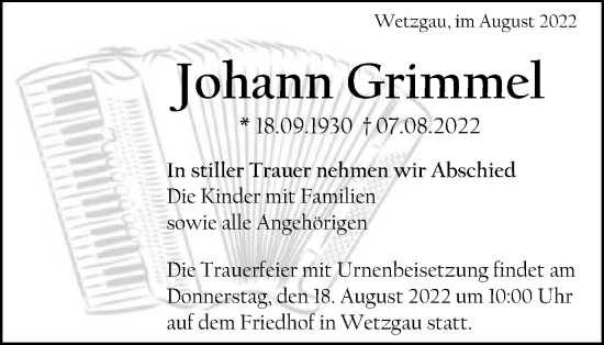 Traueranzeige von Johann Grimmel von Gmünder Tagespost
