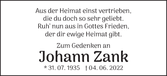 Traueranzeige von Johann Zank von Schwäbische Post