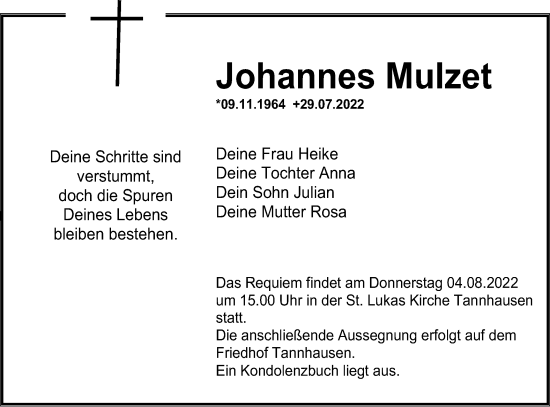 Traueranzeige von Johannes Mulzet von Schwäbische Post